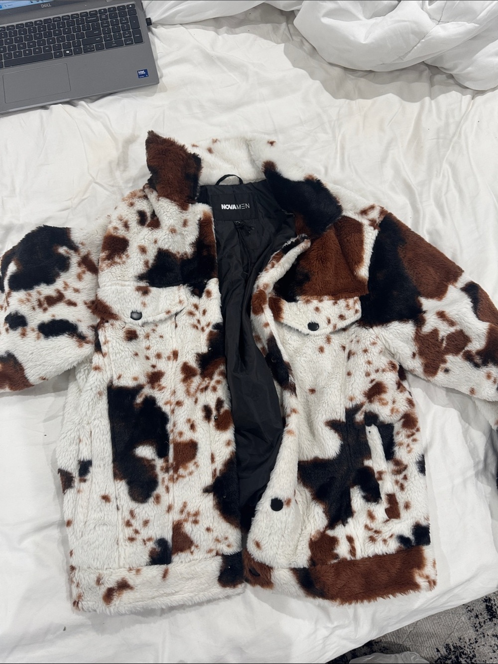 NOVAMEN Faux Fur Cow Print Coat in White, Brown & Black